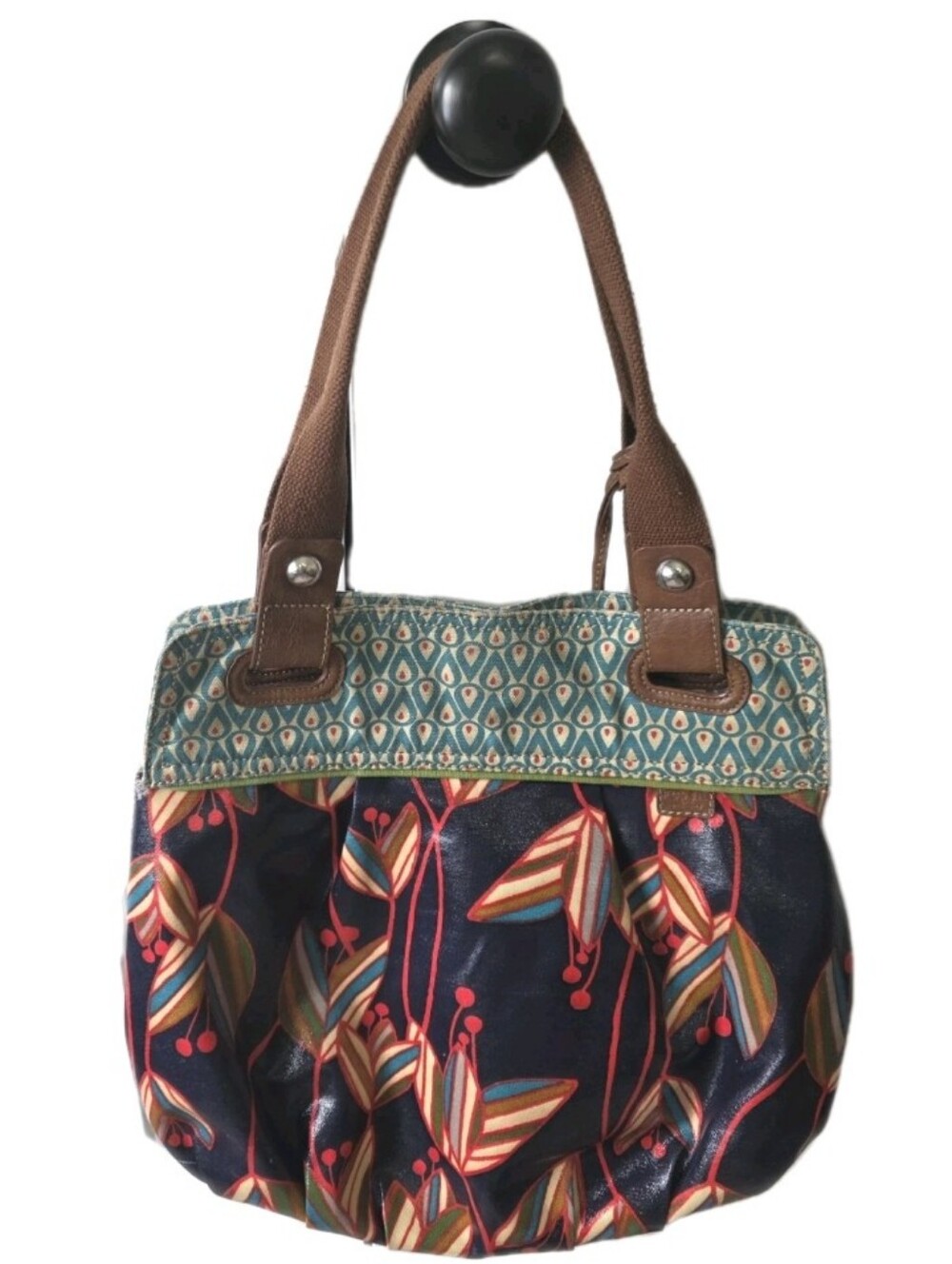 Vintage Y2K Fossil Key Per Coated Retro Floral Canvas Leather Trim Hobo Tote Bag - Picture 2 of 13